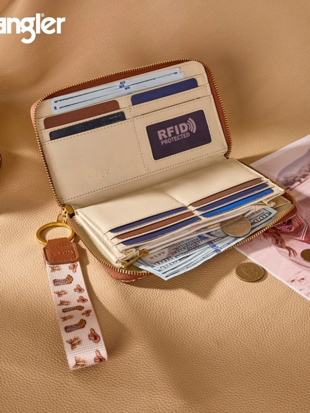 Wrangler Western Print RFID Blocking Zippered Wallet Tan